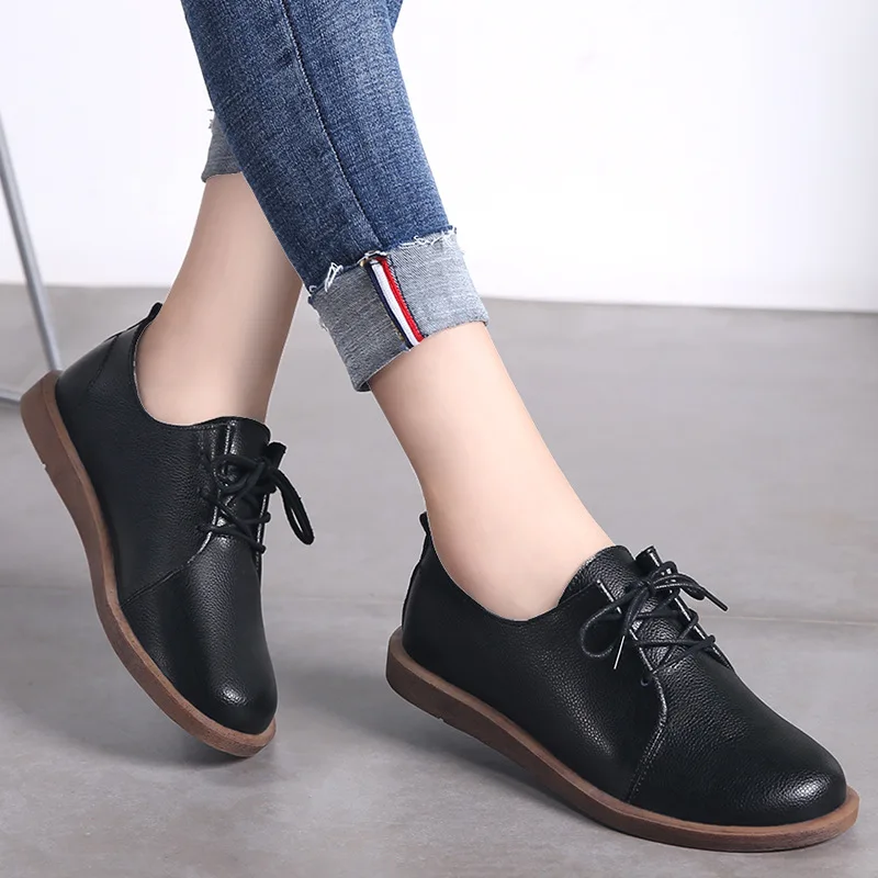 PEIPAH Women Oxfords Spring/Autumn Flat Shoes For Women Genuine Leather Casual Flats Ladies Lace Up Solid Chaussure Femme 2021
