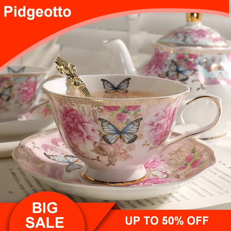 

British Style Rose Paint In Gold Bone China Coffee Cup and Saucer Set High-end Afternoon Tea Pastoral Flower