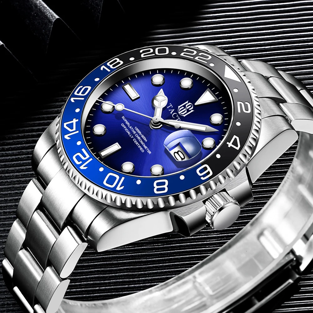 2021 TACTO Mens Watches Top Brand Luxury Gmt-Driver Sports Watches Black Steel Case Rotated Male Wrist Watch Relogios Masculinos