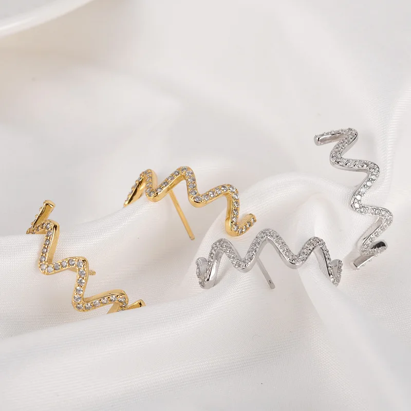 

100% Real 925 Sterling Silver Wave Shape Stud Earrings Micro-paved Wrap Earrings Studs for Women Girls