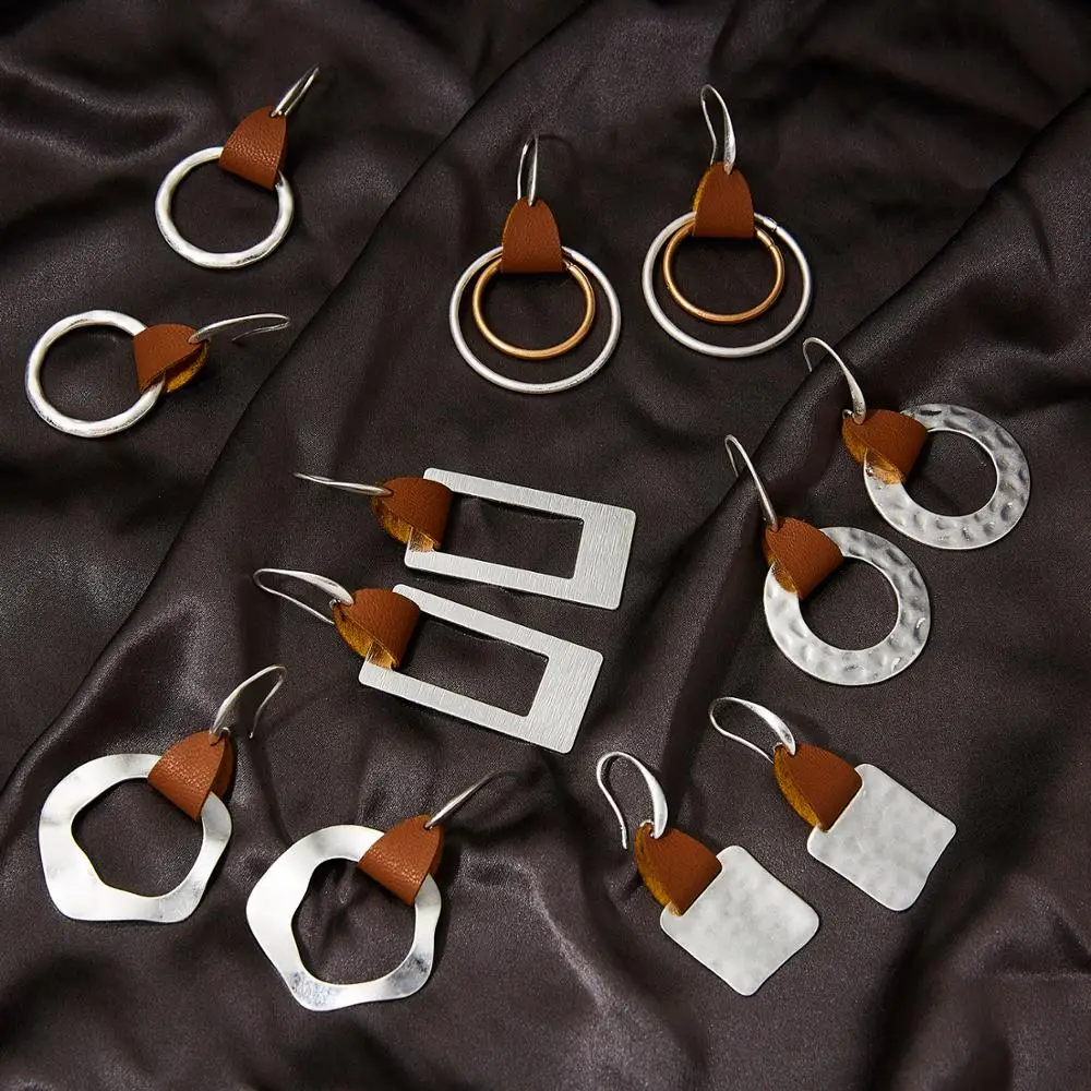 

Geometric Size Double Circle Drop Earrings Brown Leather Regular Rectangle Earrings for Women 2020 Ladies Party Gift