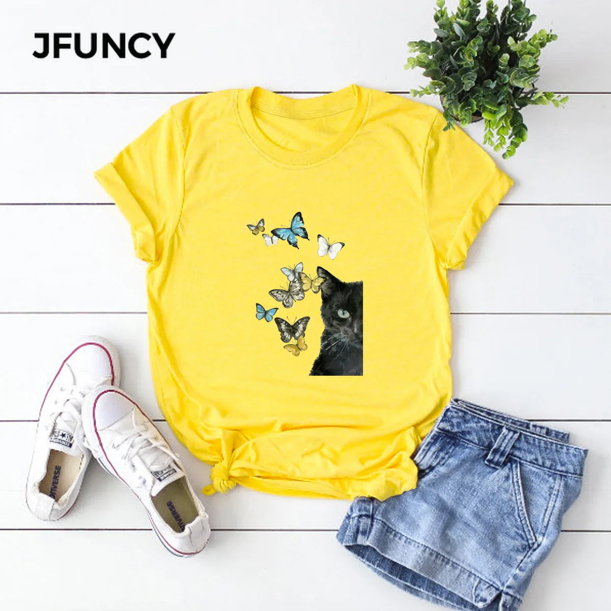 

JFUNCY Plus Size 2020 Cat Print T Shirt Women Oversize Summer T-shirts Female Cotton Short Sleeve Tees Top Woman Casual Tshirt