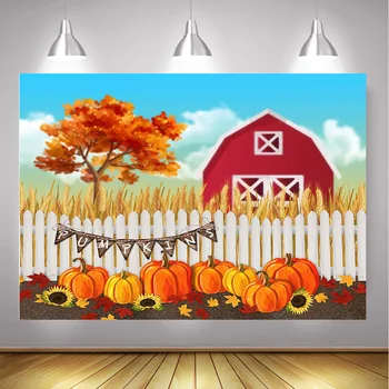 

Fall Photography Cartoon Red Farm Animals Party Backdrop Autumn Maple Little Pumpkin Birthday Background Sumflowers Paddy Maple