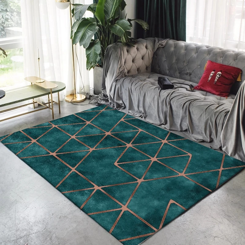 Living Room Large Carpet and Rug Modern Gold Geometric Imitation Dark Green Marble Tapete Bedroom Sofa Anti-Slip Door Floor Mats