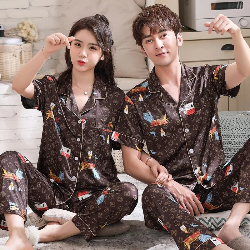 Pajamas Suit Lovers' Print Nightwear Casual 2PCS Pijamas Set Sleepwear Satin Intimate Lingerie Nightgown Men Pyjamas Home Wear black pajama pants