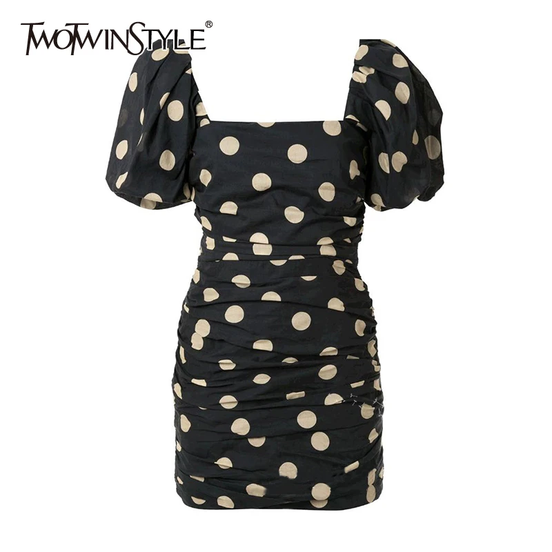 TWOTWINSTYLE Casual Summer Dress Women Square Collar Lantern Short Sleeve High Waist Mini Ruched Dresses Female Fashion Clothes TWOTWINSTYLE Casual Summer Dress Women Square Collar Lantern Short Sleeve High Waist Mini Ruched Dresses Female Fashion Clothes