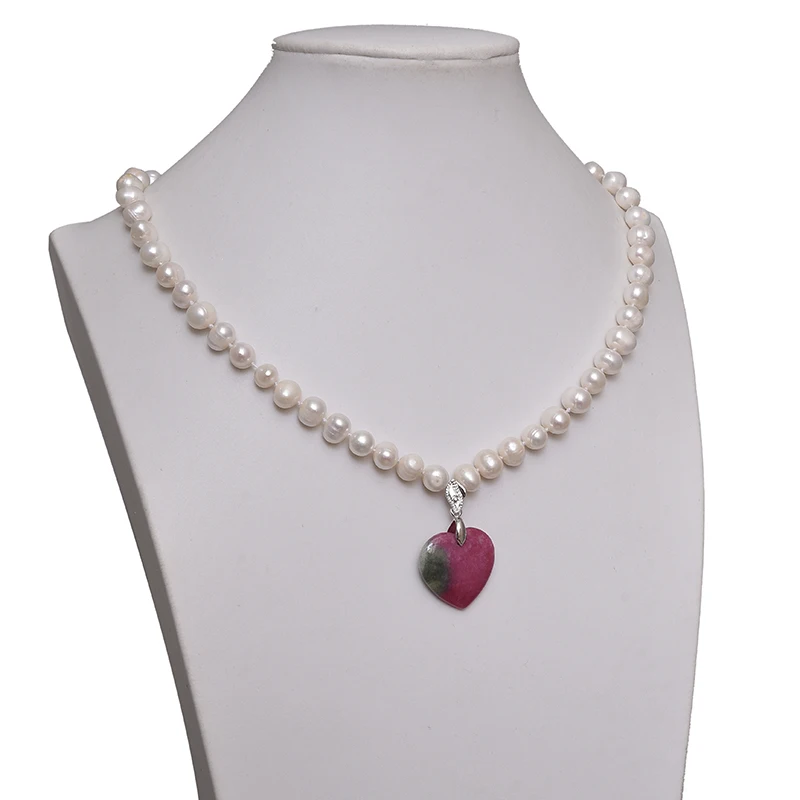 

8-9mm Natural Pearls With Heart Shape 24x24x6mm Pendant Created For Diy White Pearls Necklace 18inch Ladies Gifts H595