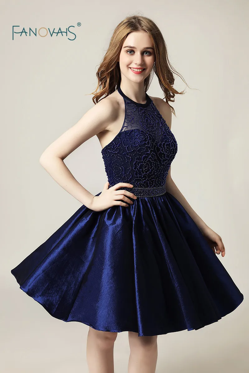 В наличии Королевского синего цвета, короткие платья для выпускного вечера 2019 Холтер украшенная бисером тафта Мини-юбка вечернее платье с