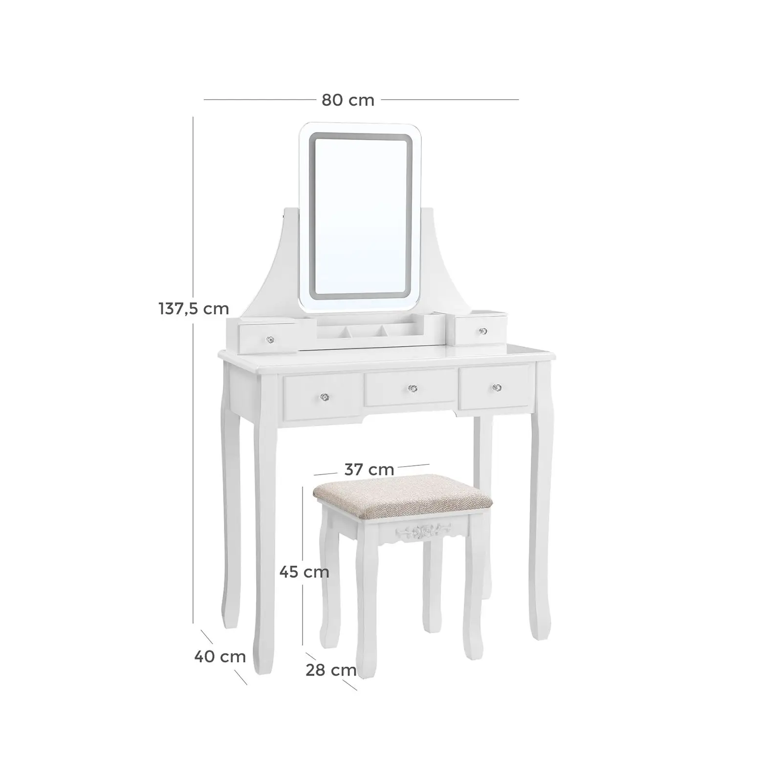 Tocador Maquillaje Mesa Espejo con luz LED Deslizante Taburete Caroline