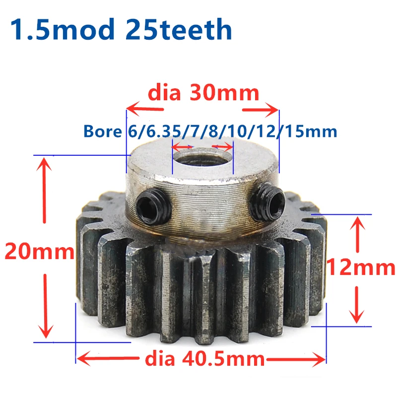 Bore: 5mm, 1.5Mod 15T 1.5Mod 15T Spur Gear With Step 45# Steel Heavy Duty Motor Pinion Gear 5mm Bore With Set Screws 