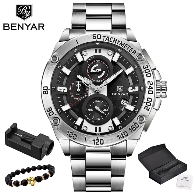S-silver black BENYAR, кварцевые мужские часы, Топ бренд, роскошные часы, мужские, сталь, водонепроницаемые, спортивные, мужские наручные часы, хронограф, Relogio Masculino - Цвет: S-silver black