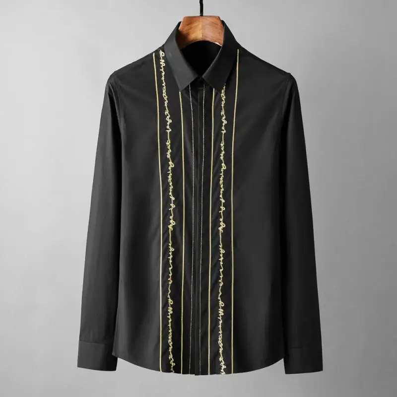 Minglu, хлопковые мужские рубашки, роскошные, с золотой полоской, с вышивкой, с длинным рукавом, мужские рубашки, модные, облегающие, вечерние, мужские рубашки, 5XL