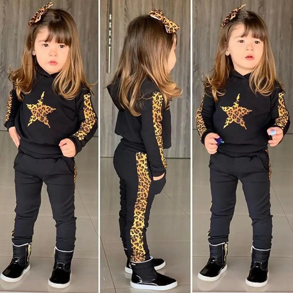 

Baby Girl Boy Long Sleeve Clothes Sets Leopard Pattern Star Sports Hooded Pullover Sweatshirt And Trousers Suit 2019 Newest