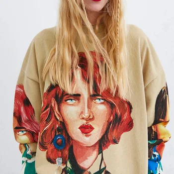 

European and American style women's round collar new loose version of the lady portrait print hoodie