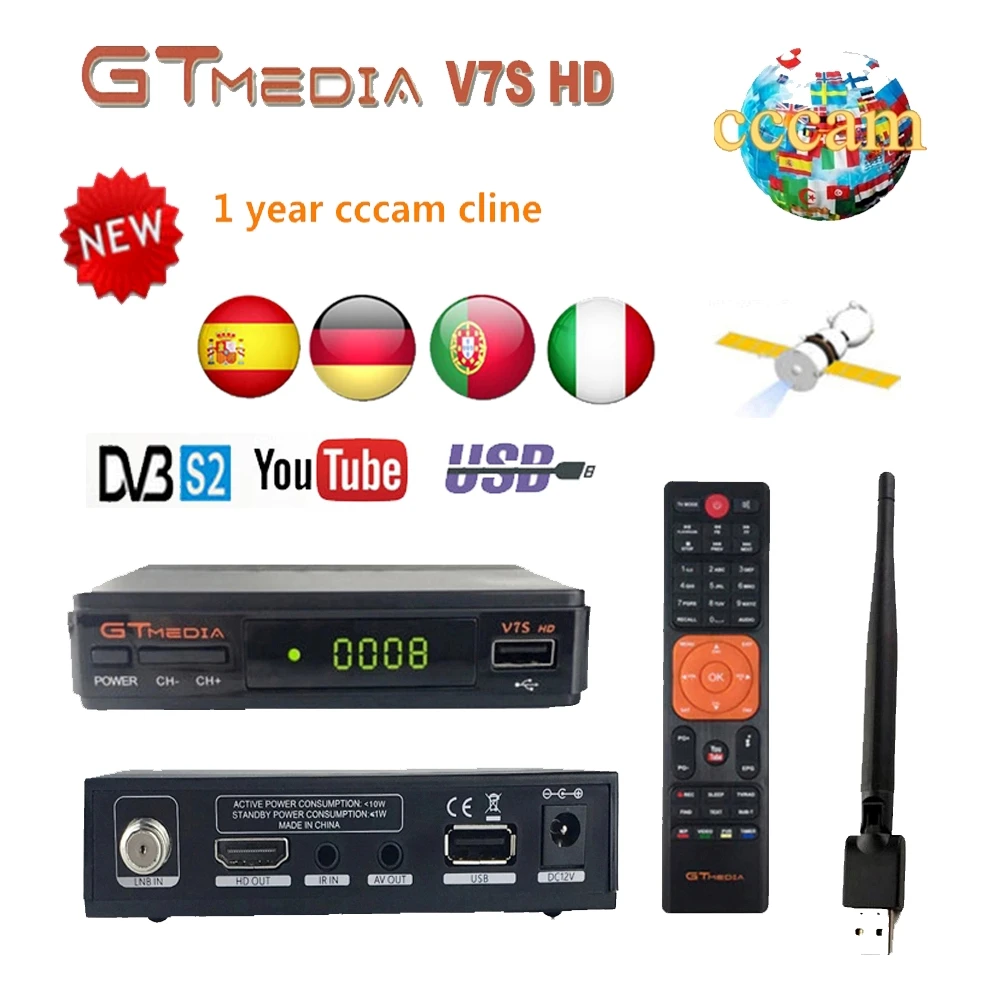 GT медиа V7S HD спутниковый ресивер DVB-S2 V7S Full HD USB 2,0 AC/DC 12 V/1.2A высокого качества+ Свободная Европа 7 Клайн cccam
