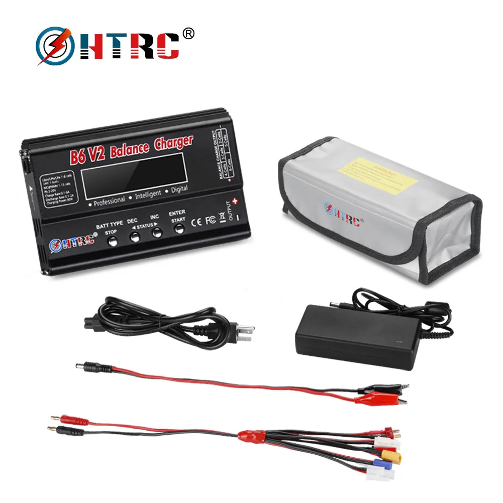 HTRC батарея баланс зарядное устройство B6 V2 80 Вт RC разряда с адаптером+ 8 в 1 Кабели+ LiPo безопасный батарея защита взрывозащищенный мешок