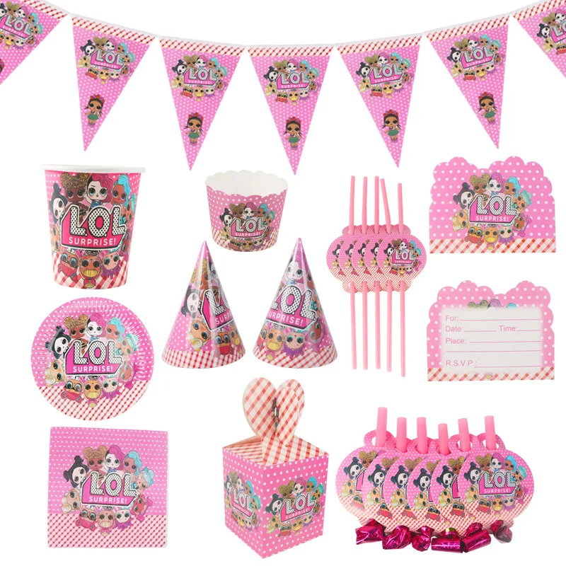 

9PCS LOL Surprise Doll Cartoon Child Birthday Party Set Disposable Cup Tissue Tray tableware supplies toys Holiday Dress Up 2C99