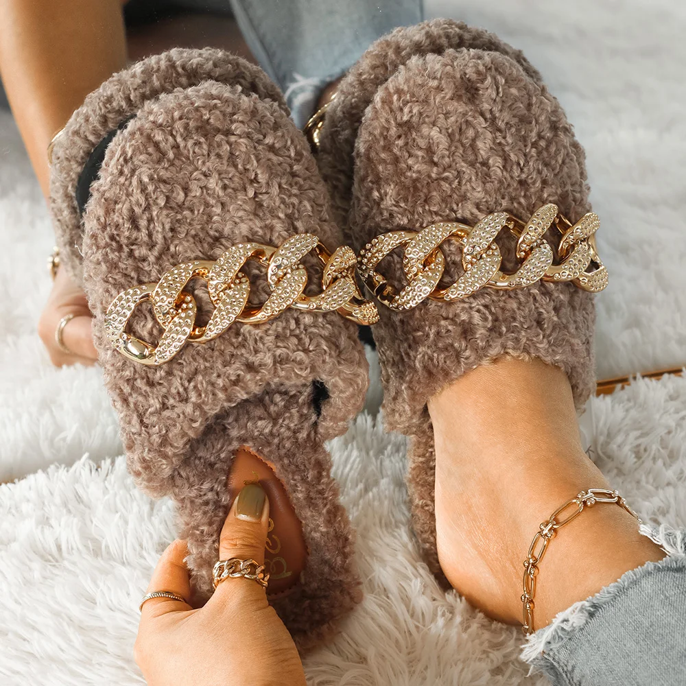 

Faux Fur Slippers Furry Slides For Women Fluffy Flip Flops Home Cozy Slippers Winter House Plush Female Shoes Slip On Flats 2021