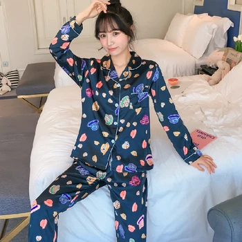 

Womens Silk Satin Pajamas Pyjamas Set Long Sleeve Sleepwear Pijama Pajamas Suit Female Sleep Two Piece Set Loungewear Plus Size