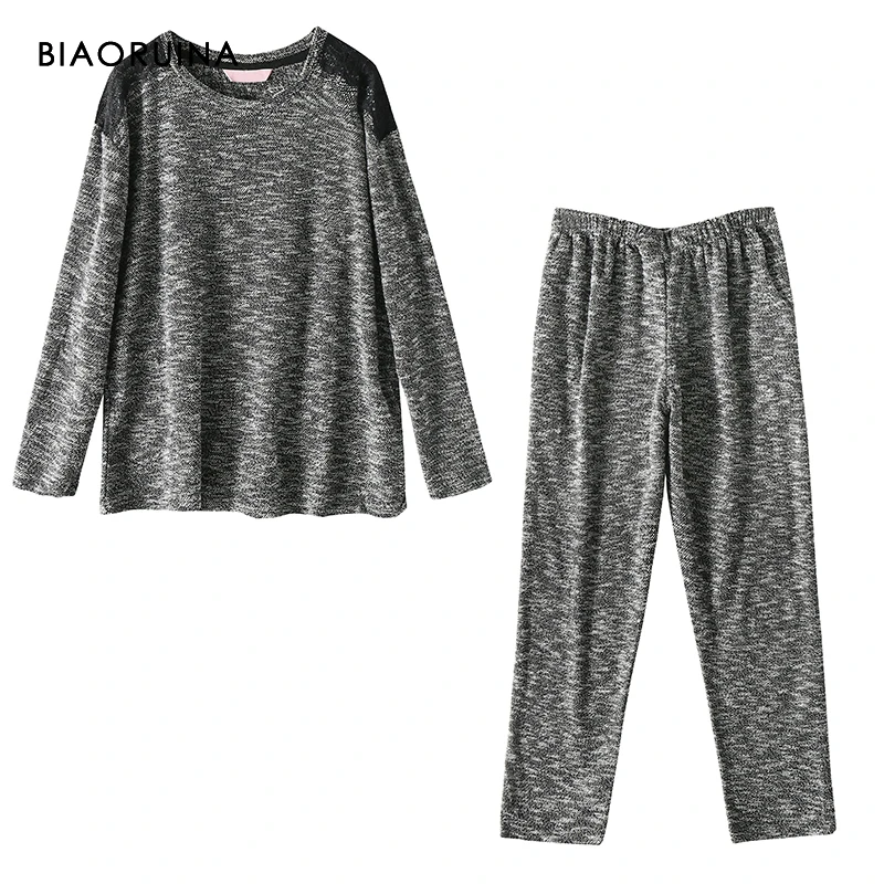 

BIAORUINA Women's Comfortable Cotton Blends Casual Pajama Set Female Keep Warm Sleeping Set Autumn Winter Loose Casual Sets