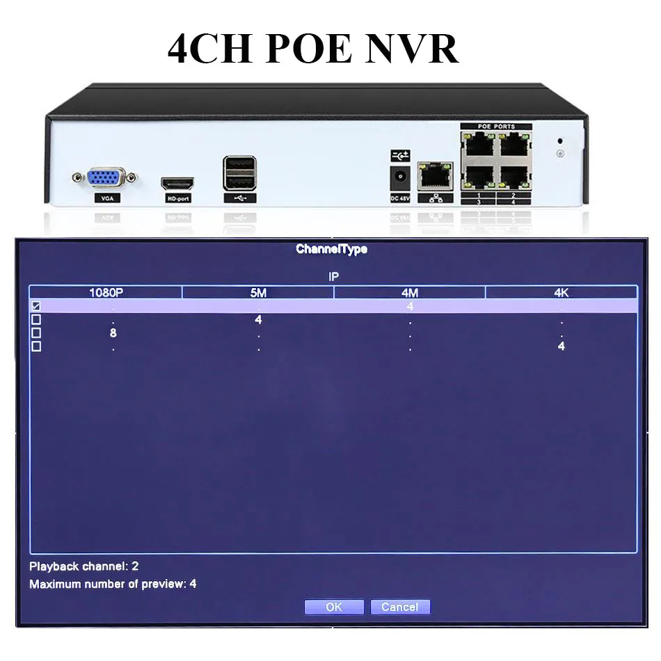 Onvif 4CH/8CH 48V стандартный PoE NVR H.265/H.264, запись в реальном времени для 4 K/5MP/4MP/3MP/1080 P/960 P/720 P ip-камера, P2P запись