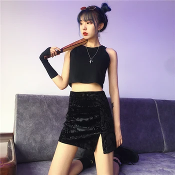 

Summer Women's Skirts Korean Style Solid Color Retro Slit High Waist Short Skirt New Slim and Thin A-line Female Skirt LL605