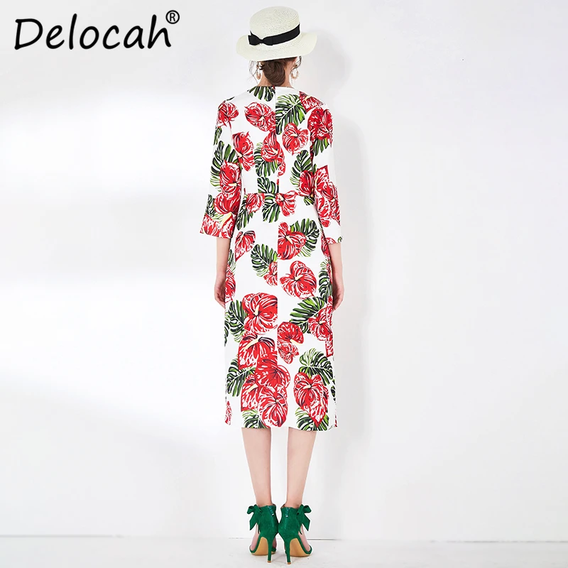 Delocah, весенне-летнее женское платье, подиум, модный дизайн, рукав три четверти, с растительным принтом, тонкое, элегантное, офисное платье