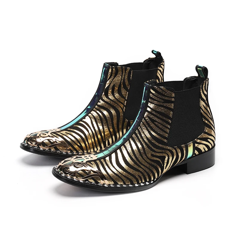 

Winter High Quality Genuine Leather Gold Striped Men Ankle Boots Mid Heels Slip On Dress Formal Chelsea Sapato Masculino Zapatos