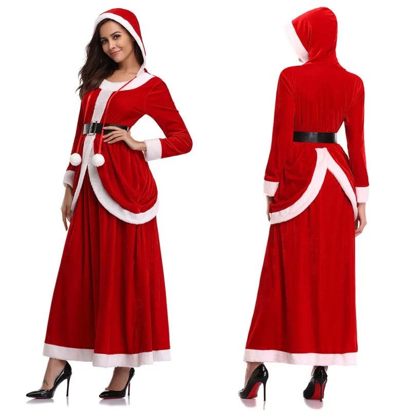 Маскарадное женское рождественское платье с капюшоном; костюм Санта-Клауса; вечерние бархатные платья золотого цвета; Комплект для сцены;
