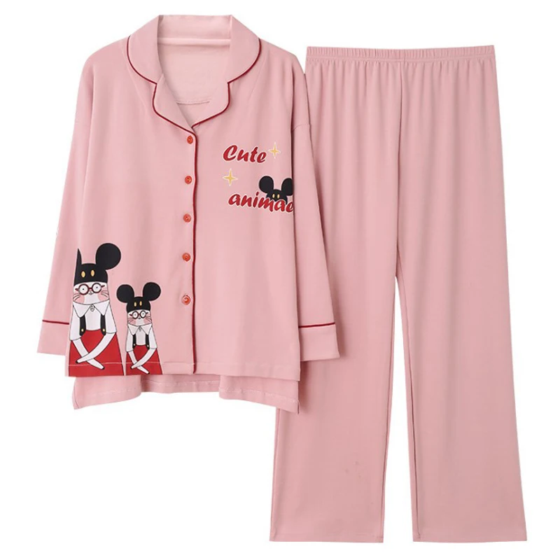 Pink 2pcs Women Pajama Set Nightwear Turndown-collar Cute Cartoon Printing Plus Size Autumn Winter Home Long Style Casual Loungewear - Цвет: Pink
