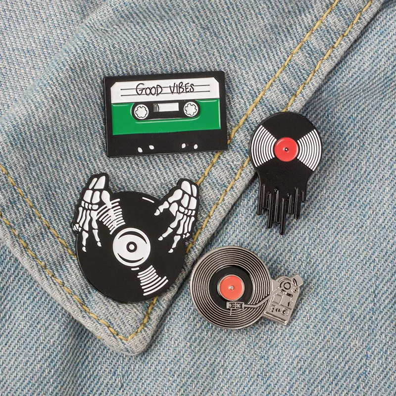 

Punk Music Lovers Enamel Pin Good vibes tape DJ Vinyl Record Player badge brooch Lapel pin Jeans shirt Cool Gothic Jewelry Gift