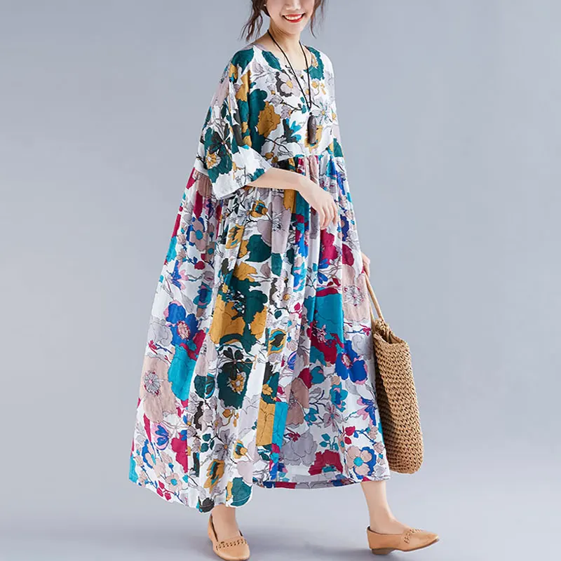 

Women Summer Dress Plus Size Large Clothing Lady Vestidos Vintage Linen Print Floral Casual Oversized Pleated Loose Spliced Long