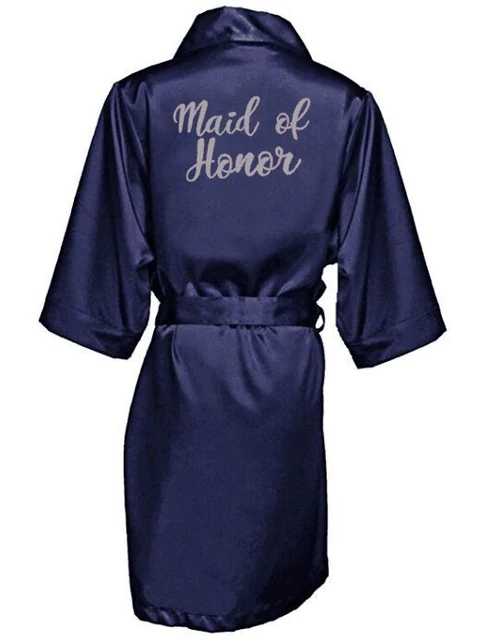 Bata azul marino con letras plateadas, kimono, pijamas de satén, bata de boda, bata de dama de honor, hermana, madre de la novia