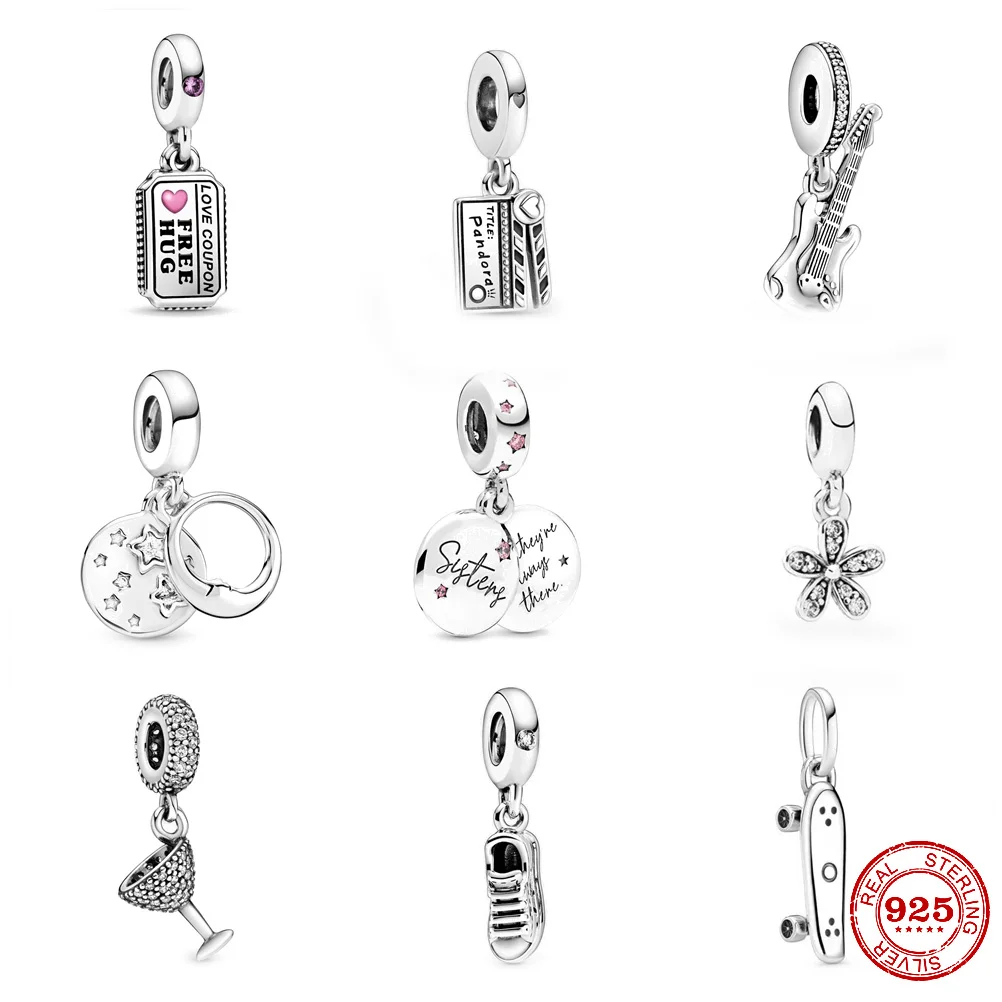 Nowy 925 Sterling Silve gitara kwiaty deskorolka koraliki Dangle Charms fit oryginalny Pandora bransoletki kobiety moda DIY biżuteria prezent