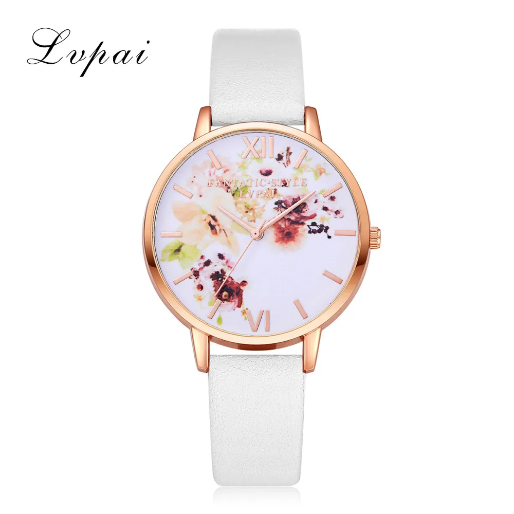 

9s Lucky Flower Simple Women Fashion Leather Band Analog Round Wrist Watch Watches Beige Roman Numbers Leather Band Quartz Watch