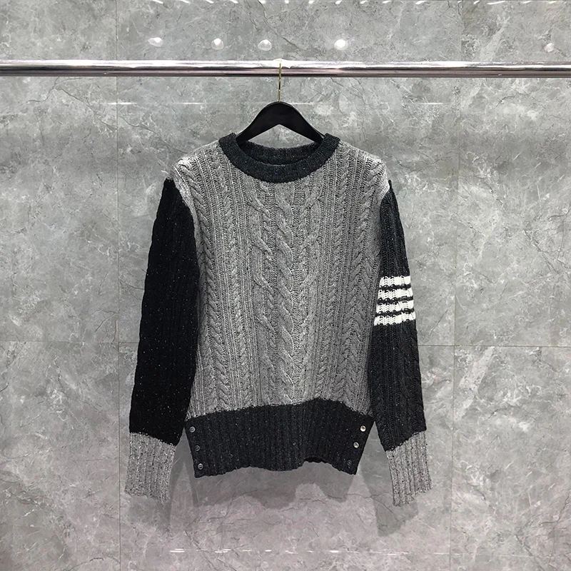 

TB THOM Men's Sweater Winter Fashion Brand Coats Gray Fun-Mix Wool Mohair Knit Tweed Aran Cable Stripe Pullover Neck TB Sweaters