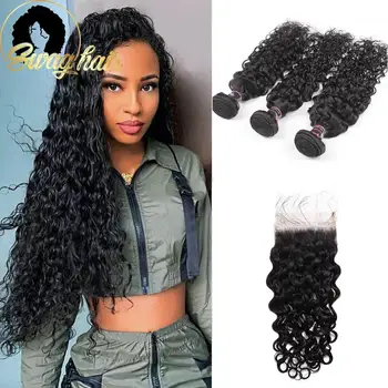 

Swag Water Wave Bundle With 4x4 Closure Brazilian Human Hair With Closure Remy Hair Natural Color Bundles For Black Woman