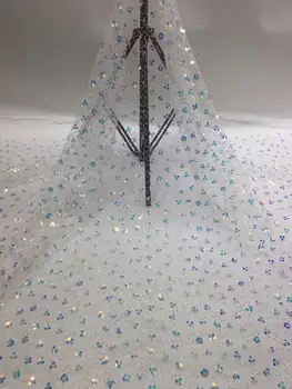 

Evening dress material party net lace fabric French tulle lace cloth with sequins FRN118(5yards/lot)