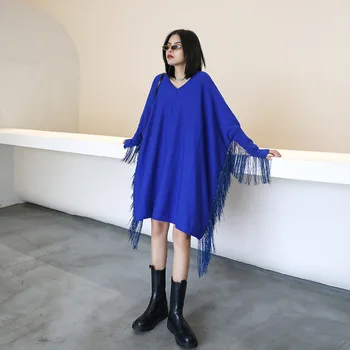 

Z-ZOUX Women Sweater V Neck Batwing Sleeve Knitted Sweater Tassel Splicing Oversized Sweater Dress Loose Long Women Pullover New