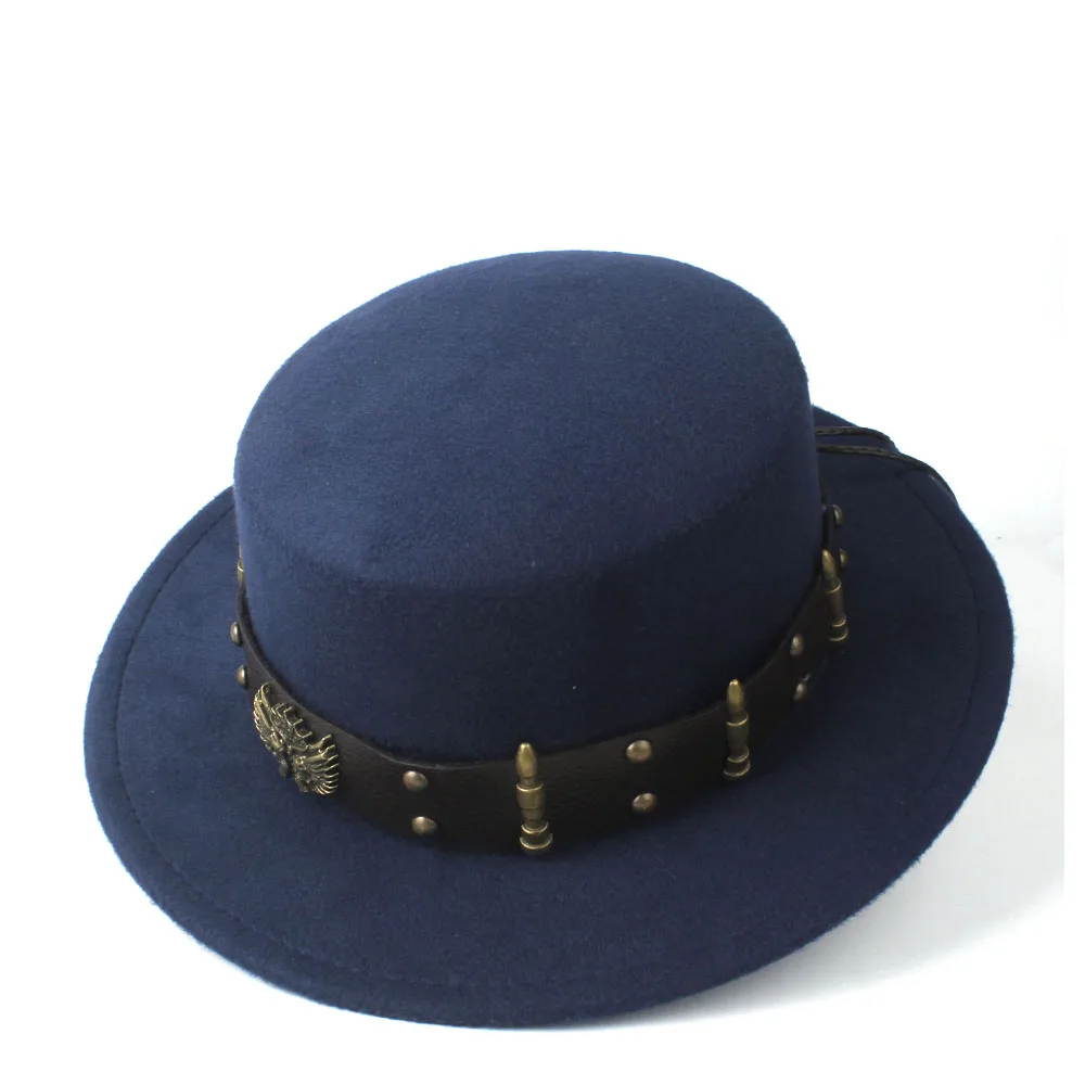 Dark Blue Унисекс, женская и Мужская шерстяная шляпа с плоским верхом, шляпа с широкими полями, Уличная Повседневная Кепка, Кепка-котелок, размер 56-58 см - Цвет: Dark Blue