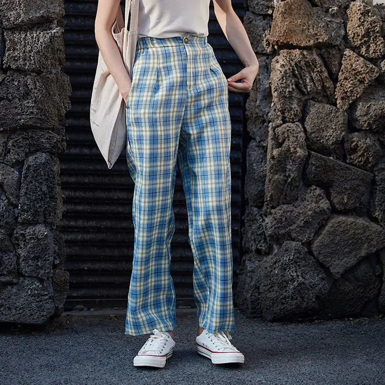 Wide Leg Pants Women Fashion Blue Plaid 
