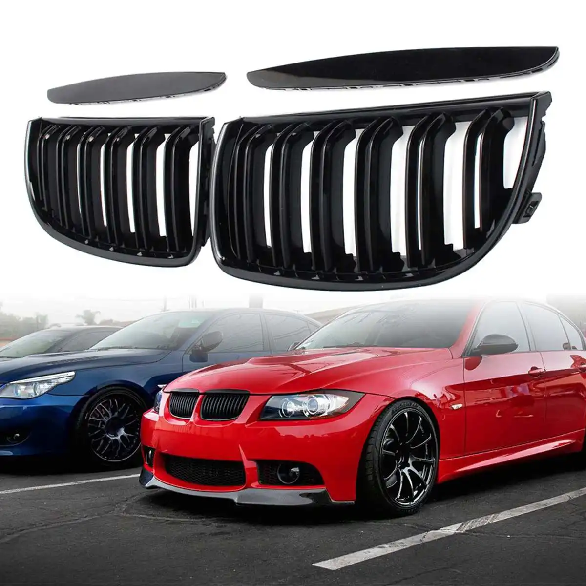 

4PC/SET Pair Car Matt Gloss Black M style Front Kidney Double Slat Grille Set For BMW E90 E91 2005 2006 2007 2008 Racing Grills