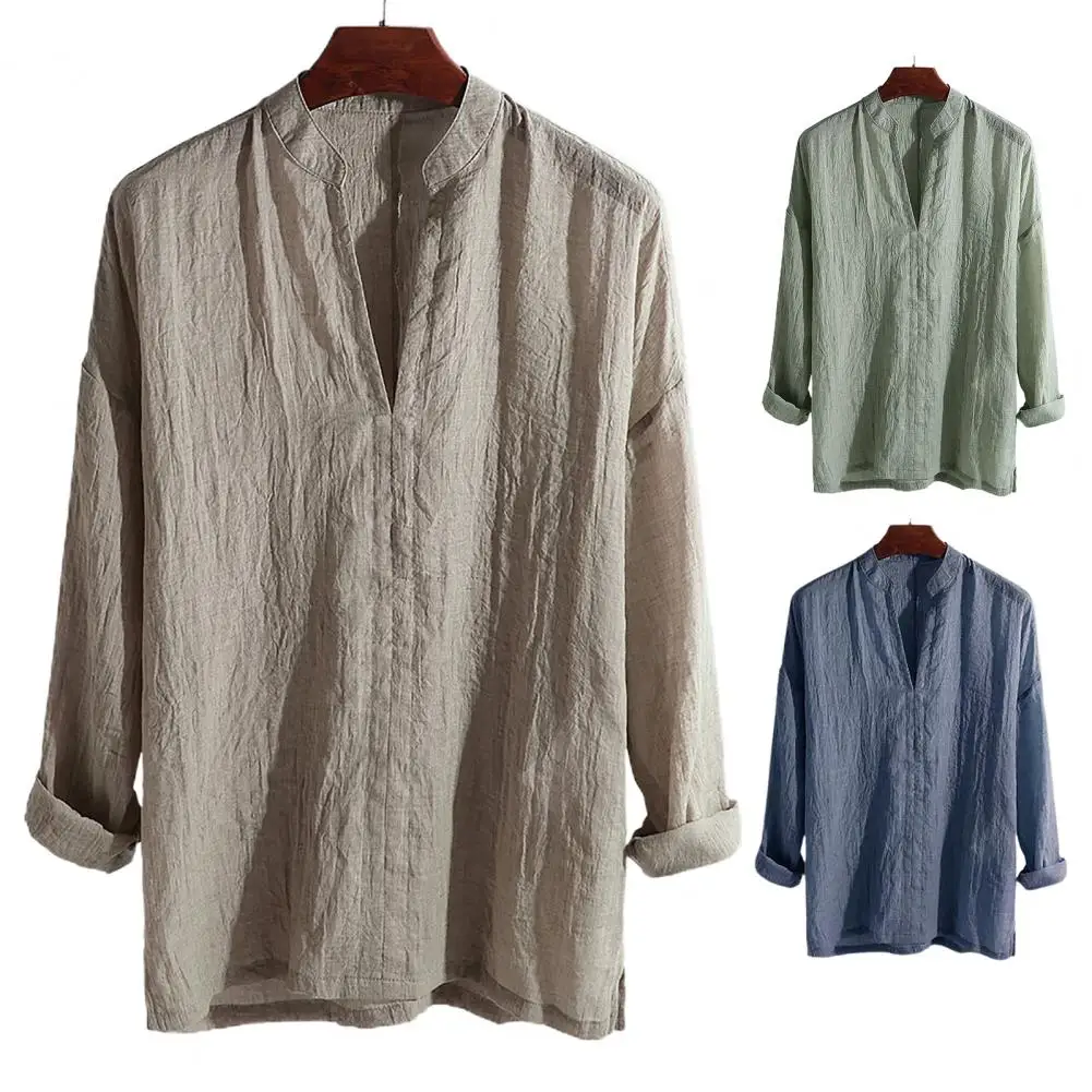 Men Solid Color Breathable Stand Collar Linen Shirt men casual shirt