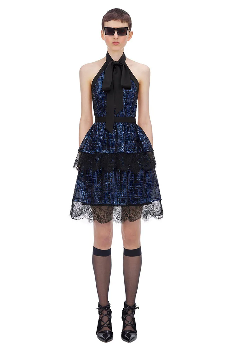Elegant Bow Halter Sequined Mini Party Dress Summer Womens Sexy Off Shoulder Backless Slim Self Portrait Dresses