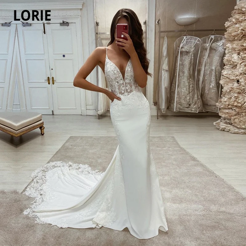 LORIE Boho Wedding Dresses V Neck Appliques Lace Mermaid Elegant