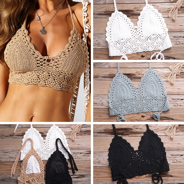 Tops bikini uncinetto con nodo dietro halter push up