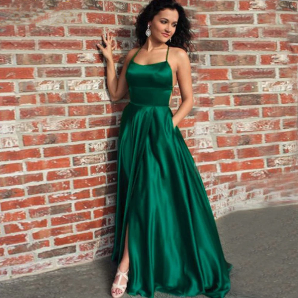 robe de soiree Sexy Dark Green Satin Evening Dress 2020 Slit Backless Prom Dress Halter Straps Back Evening Gowns Party Dress (4)