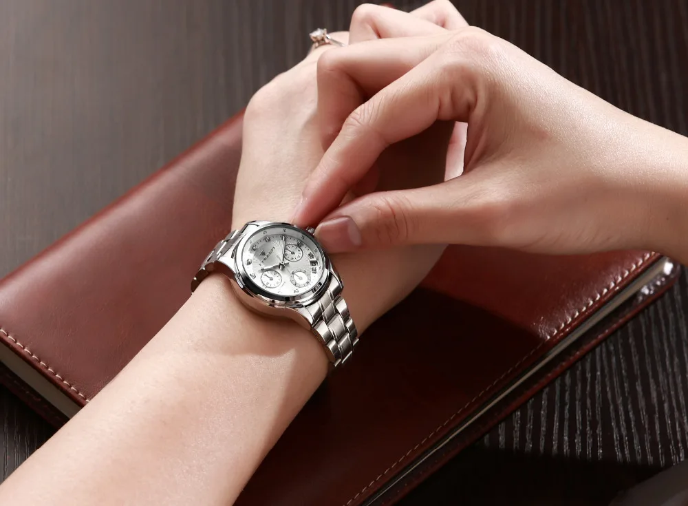 FNGEEN роскошные женские часы из нержавеющей стали с бриллиантовым циферблатом Автоматическая Дата Механические часы розовые Изящные женские часы reloj mujer