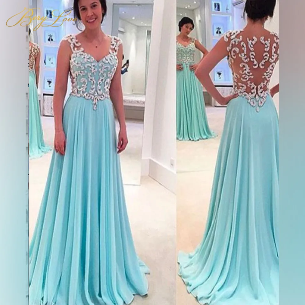 

Spindrift Blue Prom Dress 2019 Silver Crystal Beaded Straps Bodice Sweetheart Long Slim Chiffon Elegant Women Formal Dresses