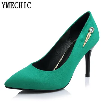 

YMECHIC Ladies Sexy Thin High Heels Metal Party Shoes Red Green Black Pointed Toe Summer Spring Female Flock Slip on Pumps 2018